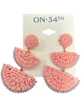 NWT On 34th Pink Woven Raffia & Stone Bead Drop Earrings